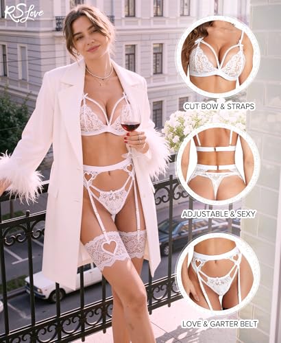 Image of RSLOVE Women Lingerie Set with Garter Belt | Heart Cutout Lace Design, Adjustable Fit, Soft Stretch Fabric, 3 Piece Romantic Lingerie Set