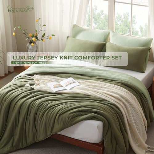 Image of Full Size Comforter Set, Comforters Full Size Luxury Ultra-Soft Jersey Knit Bedding Set, Olive /Sage Green Lightweight Down Alternative Bed Comforter for All Season, 3 Piece Bedding Set
