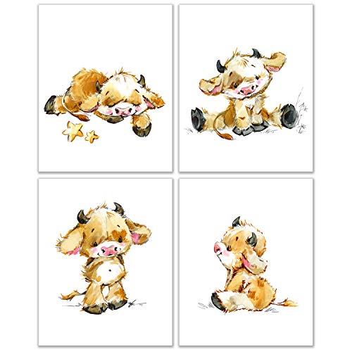 Image of Watercolor Cartoon Cow Nursery Prints - Set of 4 (8x10) Inches Glossy Handpainted Cattle Taurus Dairy Livestock Bovinae Cute Farm Barn Holstein Kid's Baby Bedroom Wall Art Decor