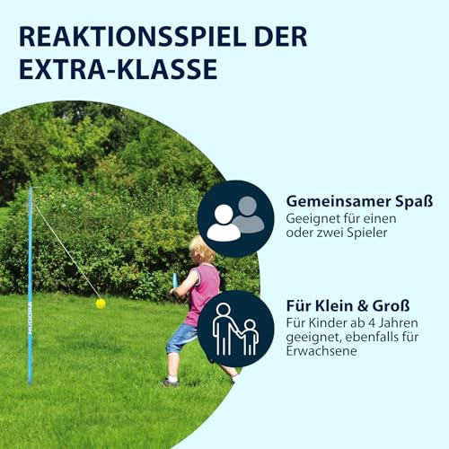 HUDORA Twistball-Set mit 2 Schlägern und 1 pulverbeschichteter Stange – Tennis-Trainingsset von 124 – 137 cm – hochwertiges Swingball-Set mit Ständer – Spiel für Kinder ab 4 Jahren