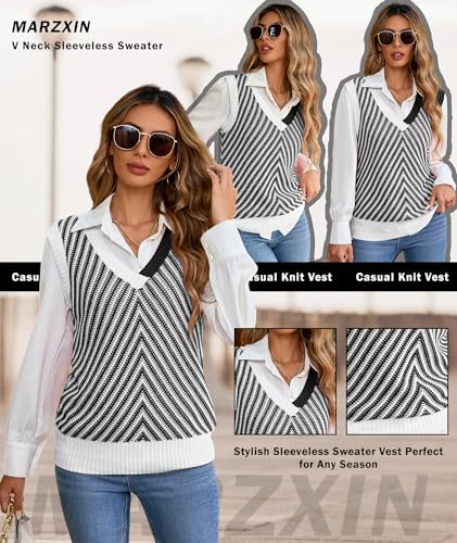 Image of MARZXIN Women Sleeveless Sweater V Neck Casual 2026 Fall Knitted Chevron V Neck Sweater Vest Color Block Pullover Sweater Top