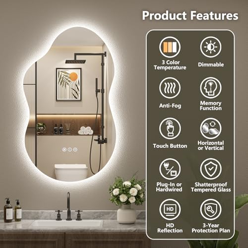 Image of 20x36 Inch Asymmetrical LED Bathroom Mirror with Lights, Backlit, Anti-Fog, Irregular Cloud Lighted Bathroom Vanity Mirror for Wall, Dimmable, 3 Colors, Memory, HD Tempered Glass