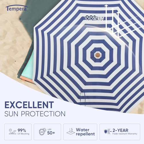 Image of Tempera Heavy Duty High Wind Beach Umbrella with Sand Anchor & Carry Bag | Patio Outdoor Umbrella with Aluminum Frame and Push Button Tilt, Ideal for Garden Lawn, UPF 60+