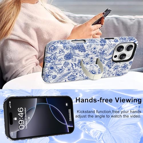 Image of Magnetic for iPhone 16 Pro Case with Finger Strap Kickstand [Compatible with Magsafe] Cute Flower Floral Pattern Design, Dual-Layer Shockproof Protective Cover for Women Men, Blue