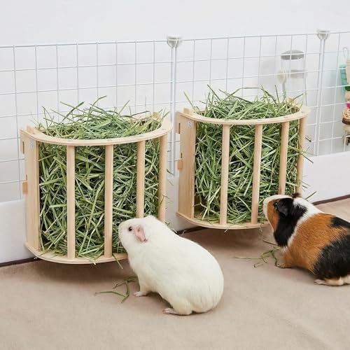 Xygobla 2PCS Guinea Pig Hay Feeder Hanging Food Feeding Hay Rack Wooden Rabbit Hay Feeder Less Wasted Wall Mountable Grass Holder Guinea Pig Cages Accessories for Chinchilla Hamster Small Animal
