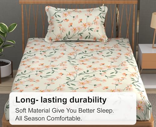 Image of FRESH FROM LOOM Single Bed Microfiber Floral Print Bedsheet - 240 TC, Hypoallergenic, 1 Pillow Covers (Size- 60 x 90 Inch | Barely-Peach)