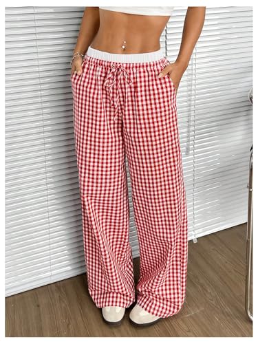 WDIRARA Women's Gingham Baggy Pants High Waisted Plaid Drawstring Trousers Casual Bottoms3