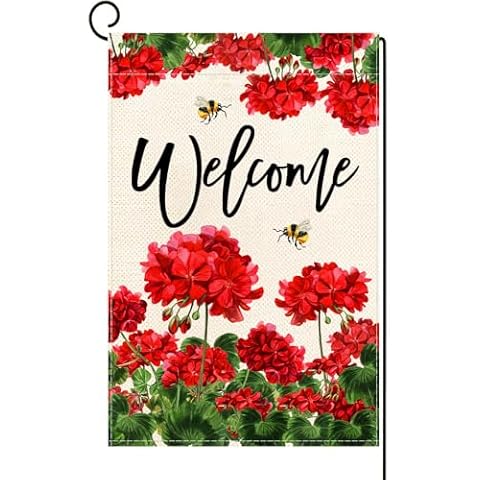 Baccessor Spring Summer Geranium Welcome Garden Flag Double Sided Summer Bee Red Floral Small Burlap Yard Flag House Seasonal Farmhouse Outside Outdoor Decoration 12.5 x 18 Inch Cover