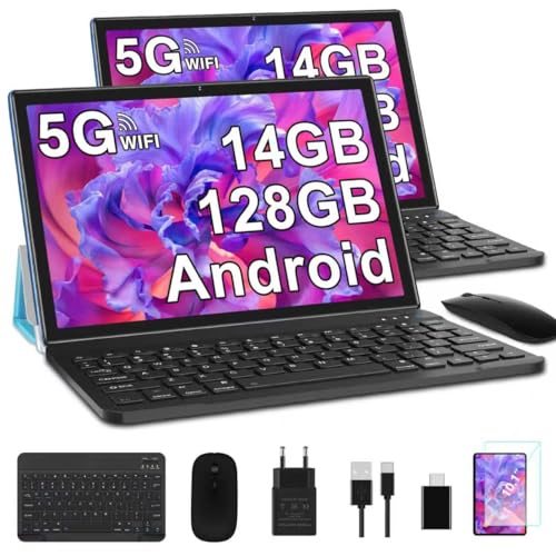 SUAAT - Tablet Android de 10 pulgadas con 14 GB RAM + 128 GB ROM (2 TB TF), 5 G/2,4 G, WiFi, Quad-Core, GPS, Bluetooth 5.0, 8 MP + 5 MP, tipo C, tableta táctil con funda, teclado y ratón - Blu