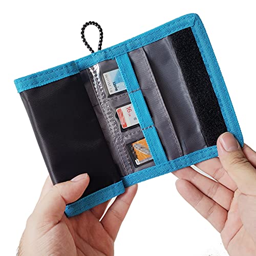 Camkix Portefeuille de Carte Mémoire – Stockage des Cartes SD - Fin et Pliable avec des Fentes Transparentes - Peut Transporter jusqu'à 15 Cartes SD - Sangles avec Attaches incluses - (Noir/Bleu)