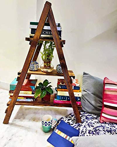 Wooden Ladder Shelve Bookshelf Finish Pine Wood Shelf Home Decorative for Showpiece Plant Stand - 3 Feet-image-45