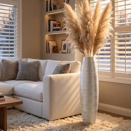 Image of Large Floor Vase 35.4 inch Silver Metallic, Resin Wide-Body Vase with Horizontal Ribbed Texture for Dried Pampas Grass Branches, Modern Home Decor for Living Room Corner Entryway