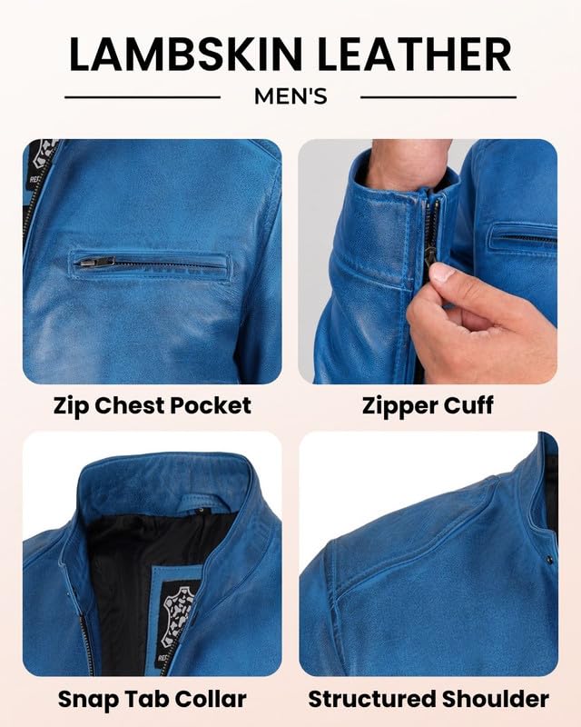 Image of Blingsoul Leather Jacket Men - Real Lambskin Cafe Racer Motorcycle Style Jacket for Mens