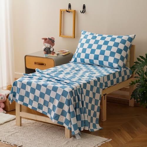 Image of CLOTHKNOW 4Pieces Blue White Plaid Toddler Bedding Sets for Boys Girls | Soft, All Seaon, Cozy, Breathable, Kids Grid Bedding Sets, Crib Bed Sets, Light Blue White Comforter