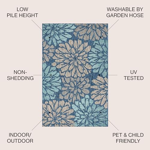 Image of JONATHAN Y Floral Textured Weave Indoor Outdoor Area Rug 8X10 Navy /Aqua, Zinnia Modern for Backyard, Patio, Porch, Easy-Cleaning, High Traffic, Pet-Friendly, Non-Shedding (SMB110C-8)