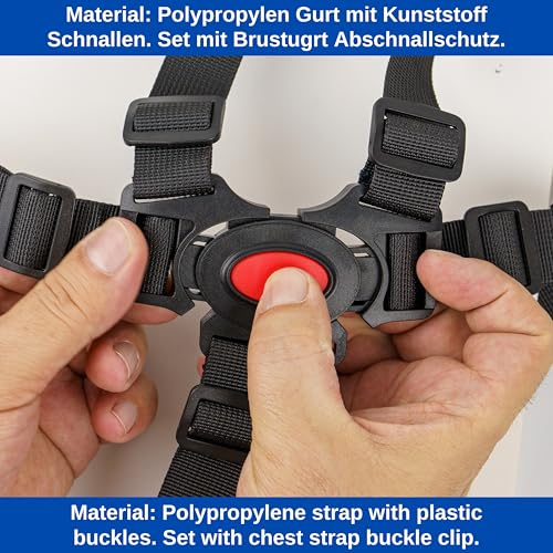 5-Punkt-Gurtsystem mit Abschnallschutz Schnalle, für Hochstuhl, Kinderwagen und Buggy, Schwarz, einfach Anzubringen, mit Stegschnallen für feste Schlaufen, Kinderstuhl Sicherheitsgurt, Anschnallgurt