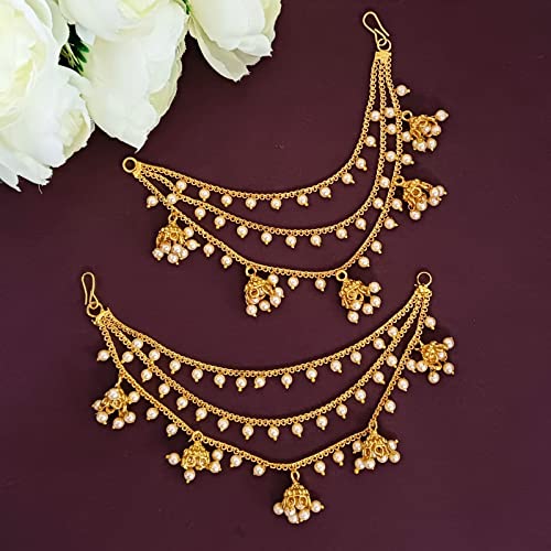 Efulgenz Indian Bollywood Jewelry Gold Tone Plated Dangling Earring with Layered Jhumka Tassels Ear Support Chain Hair Accessory, Copper, not known2