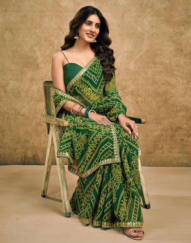 Image of SIRIL Women's Georgette Bandhani Printed Saree, Traditional Wedding Sarees For Women With Unstitched Blouse Piece