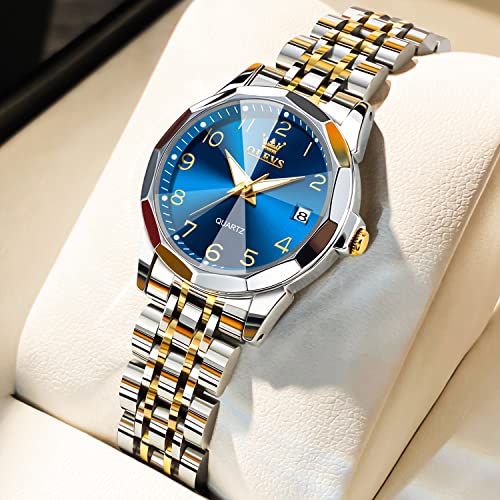 Image of OLEVS Womens Watch Fashion Dress Diamond Female Watches for Ladies Analog Quartz Stainless Steel Waterproof Luminous Day Date Two Tone Wristwatch