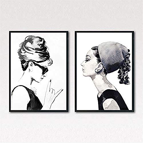 WJY Cuadros Decoración Audrey Hepburn Carteles e Impresiones en Lienzo Pintura Pared Negra Impresión de Arte Imágenes Sala de Estar 2 Piezas Decoración 40x60 cm Sin Marco