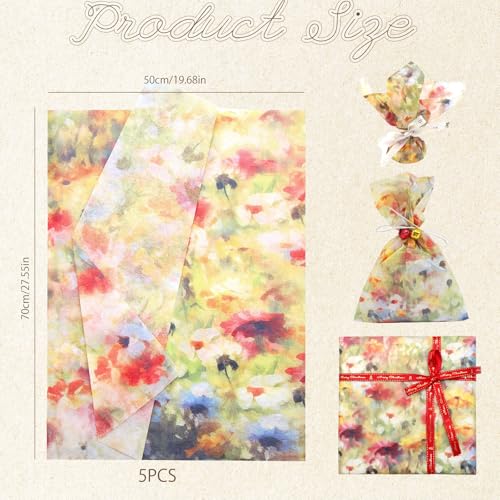 VYNZOR Seidenpapier Bunt Geschenkpapier Vintage, Künstlerisches Bastelpapier für DIY Dekoration, Verpackung, Scrapbooking, Hochzeit, Geburtstag, Weihnachten,5 Blatt,70 * 50cm