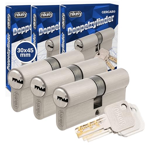 GERCAR Pro Juego de 3 cilindros de cierre de perfil, 30/45, cierre uniforme, macizos, cilindro doble, cerradura de cilindro de latón mate, incluye 10 llaves reversibles, longitud: 75 mm, A: 30 B: