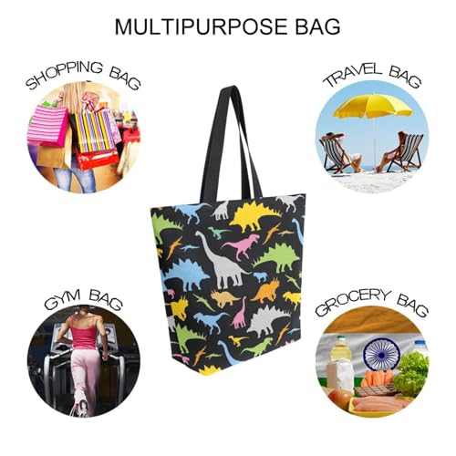 Image of Colorful Dinosaur Canvas Tote Grocery Bag Shoulder Casual Book Bag Large for Women Teachers, Animal Cotton Bag Shopping Purse Handbag Reusable Multipurpose Use