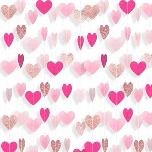 Hot-Pink Rose-Gold Heart Garland Girl Birthday Decorations Heart Paper Streamers Banner for Bachelorette Wedding Engagement Valentines Galentines Mothers Day Party Supplies 52 Feet