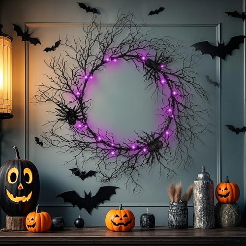 Adroiteet 24" Halloween Wreath – Spooky LED Spider Decor - Image 3