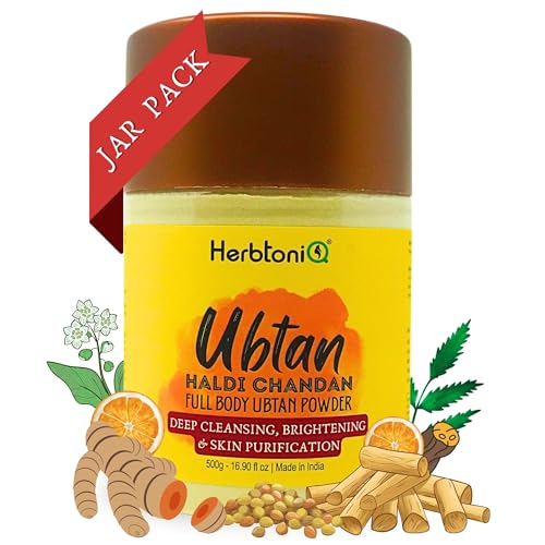Image of HerbtoniQ Ubtan for Face & Body Pack | Haldi Ceremony Full Body Ubtan Powder for Deep Cleansing, Tan Removal, and Glowing Skin | Soap Alternative | Unisex | (500g Jar, 9 Herbs)