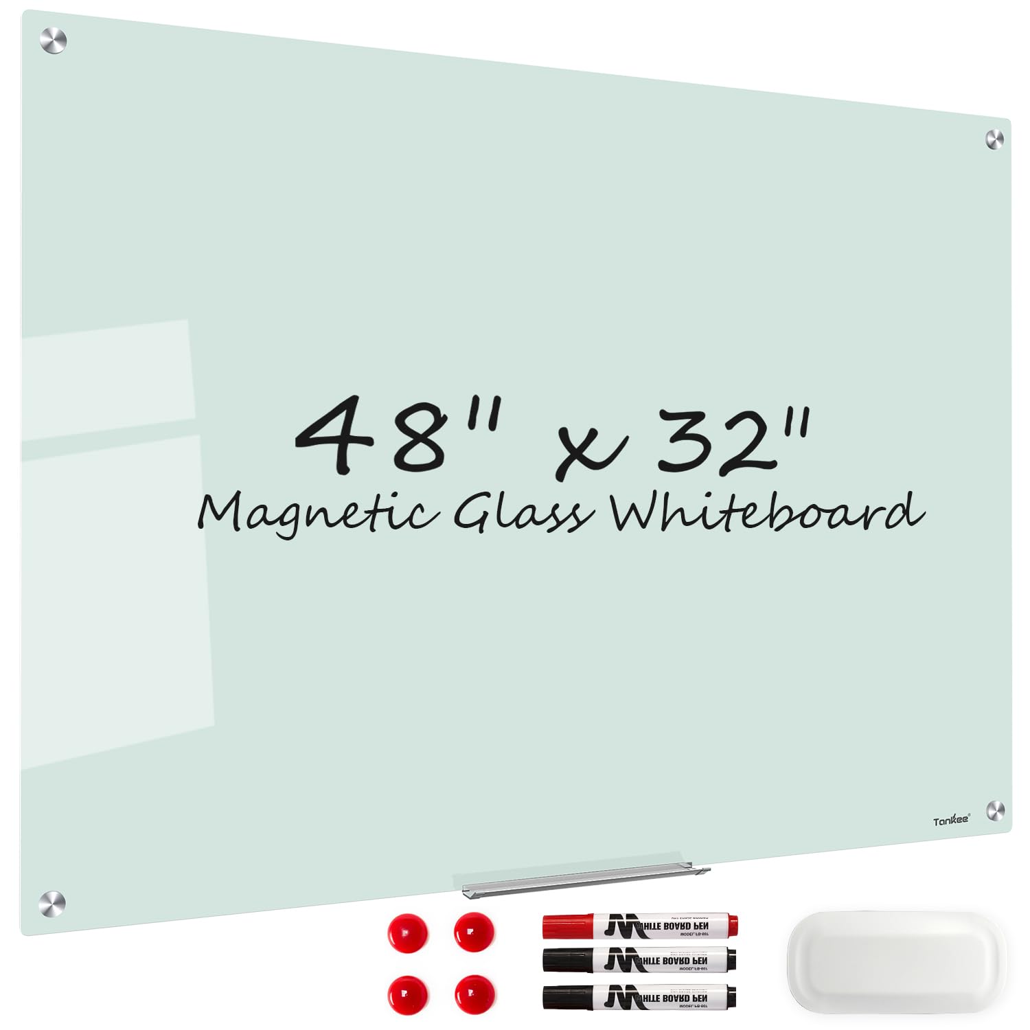 Glass Magnetic Dry Erase Board - TANKEE 48 x 32 Inches Frameless Glass Whiteboard for Wall, Modern Large White Board for Office Home School Classroom