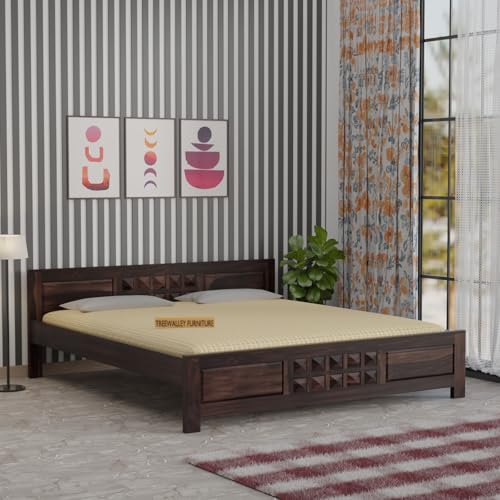 Image of Solid Sheesham Wood Queen Size Bed Without Storage | Double Bed Cot for Bedroom | Palang Double Bed for Hotels | Wooden Double cot for Living Room | Rosewood, Walnut Finish