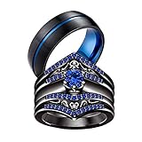 Two Rings His Hers Wedding Ring Sets Couples Matching Rings Women's 2pc Black Gold Plated Blue CZ Wedding Engagement Ring Bridal Sets Men's Tungsten Carbide Band Wedding Band