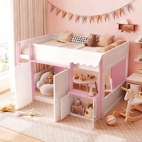 Image of Full House Loft Bed with Playhouse & Storage, Modern Wood Cabin Bed for Kids /Teens (White+Pink)