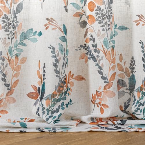 Image of MYSKY HOME Floor to Ceiling Linen Floral Curtains 95 Inch Length 2 Panels Semi Sheer Light Filtering Farmhouse Leaf Printed Window Grommet Drapes for Dining Room, 52 inch W Each Panel, Burnt Orange