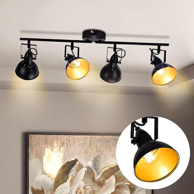 Depuley Retro Rotatable 4 Way LED Ceiling Spotlight, Track Lighting with Metal Iron Swiveling Spots, Black-Golden Kitchen Lights for Livingroom Bedroom Kitchen(No Bulbs)