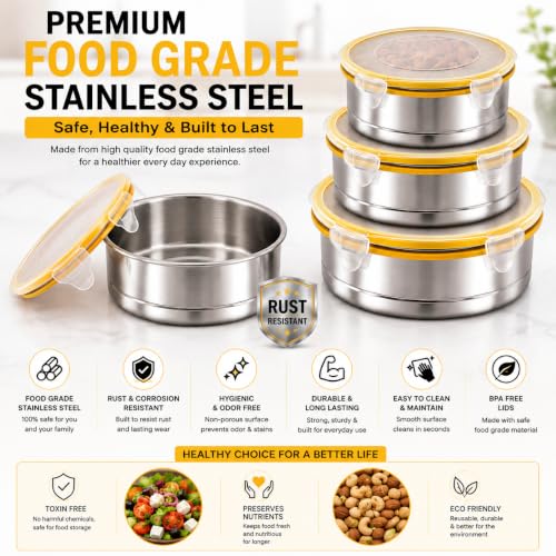 Image of Stainless Steel Airtight Round Container with Leak Proof Lid | BPA Free Food Storage Lunch Box for Office College School Home Travel | 280 ml Capacity Tiffin Box | Set of 3