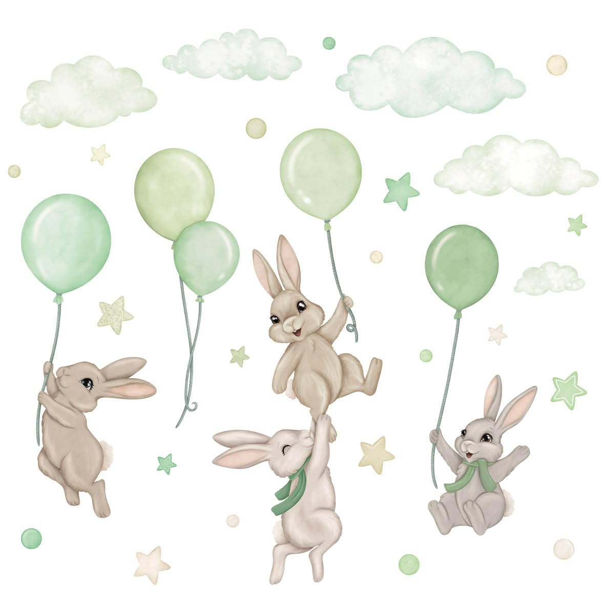 Adhesivo de pared para habitación de bebé - Adhesivo de pared para habitación de bebé - No tóxico, seguro, potente - 29 piezas de pegatinas, conejitos con globos - Verde, Crema, Beige