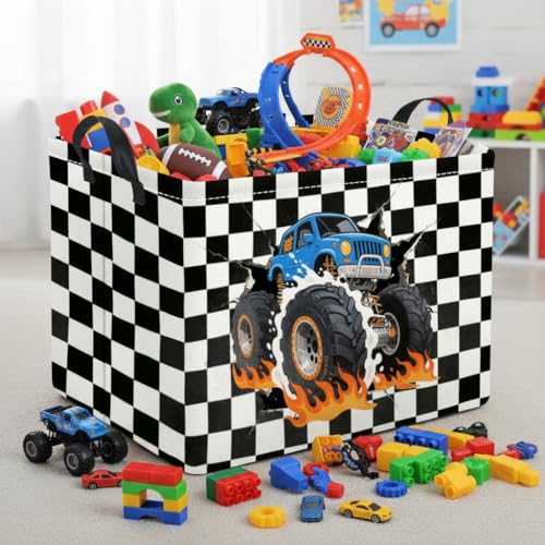 Image of Rectangular Baby Kids Storage Basket for Home Kitchen Girls Cute Toy Storage Bin Organizer Shelf Book Room Decor(Checkered Truck)