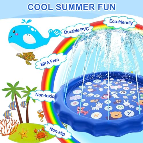 Splash Pad, 170CM Sprinkler Wasser-Spielmatte, Splash Play Matte,Garten Kinder Spielzeug Sprinklerpool, Wasserspielzeug Hund Pool, Kinder Sprinkler mit Antirutschfunktion, für Baby Party Outdoor
