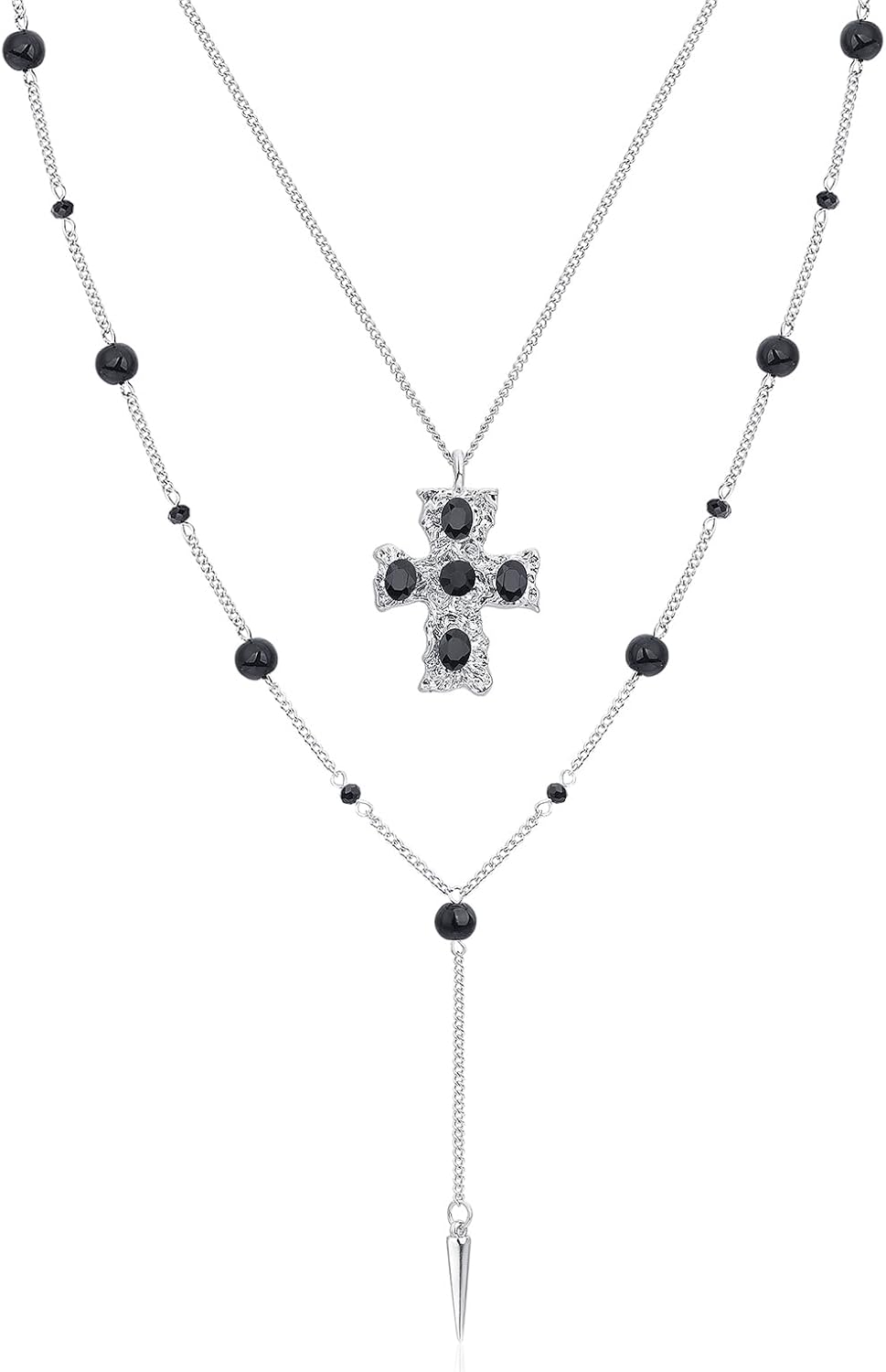Gothic Cross Necklace for Women Punk Long Silver Stainless Steel Chain Black Beaded Crystal Cross Pendant Goth Layered Necklace Women Costume Jewelry