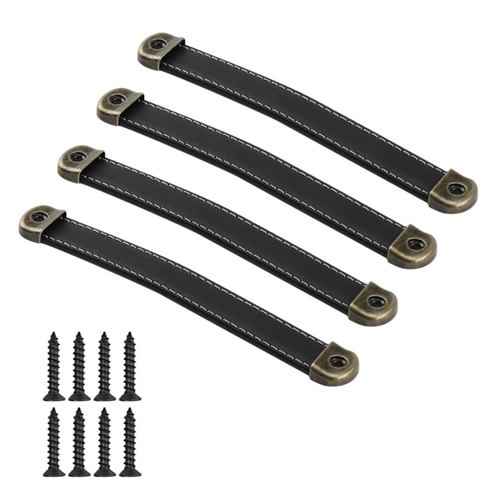 CONPHERON 4 Pcs Vintage Leather Handles Furniture Kitchen Drawer Pull Cabinet Door Handle Retro Handmade Leather Handles for Cupboard Pulls Drawer Knobs 160mm