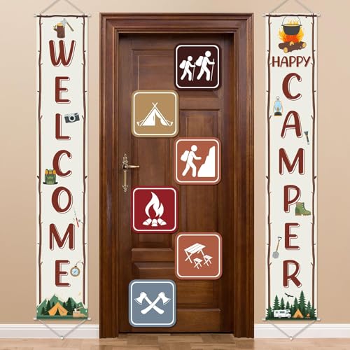Image of 14Pcs Camping Party Decorations Set Welcome Happy Camper Porch Banner Sign Summer Camp Sign Cutouts Birthday Party Favors Camping Theme Birthday Decorations Hanging Supplies for Campfire Decor