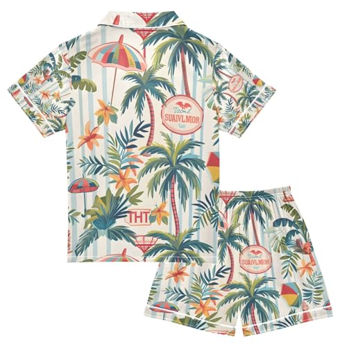 senya Coconut Trees and Umbrellas Satin Summer Pajama Sets Silk Short Sleeve Button Down Sleepwear2