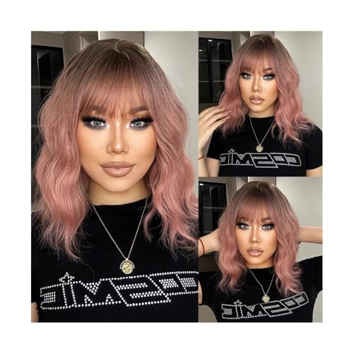 Perruque cheveux humains style bob synthétique court rose avec frange pour femme