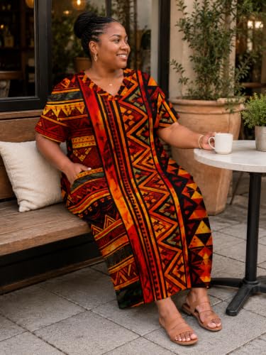 Image of Plus Size Maxi Dress for Women Short Sleeve V Neck Casual Loose Sundress with Pockets