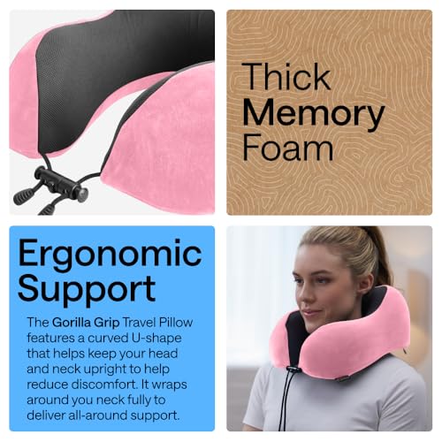 مراجعة وسادة السفر Gorilla Grip Memory Foam — دعم الرقبة للطائرة، مخمل مبرد وشبكي وقناع عين (وردي) - الصورة 3
