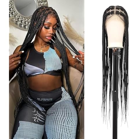 Fecihor 360° HD Full Lace Knotless Braided Wigs for Women Box Braid Wig with Baby Hair Human Hair Blended Natural Looking Black Braided Lace Front Wigs 36 Inch Cover