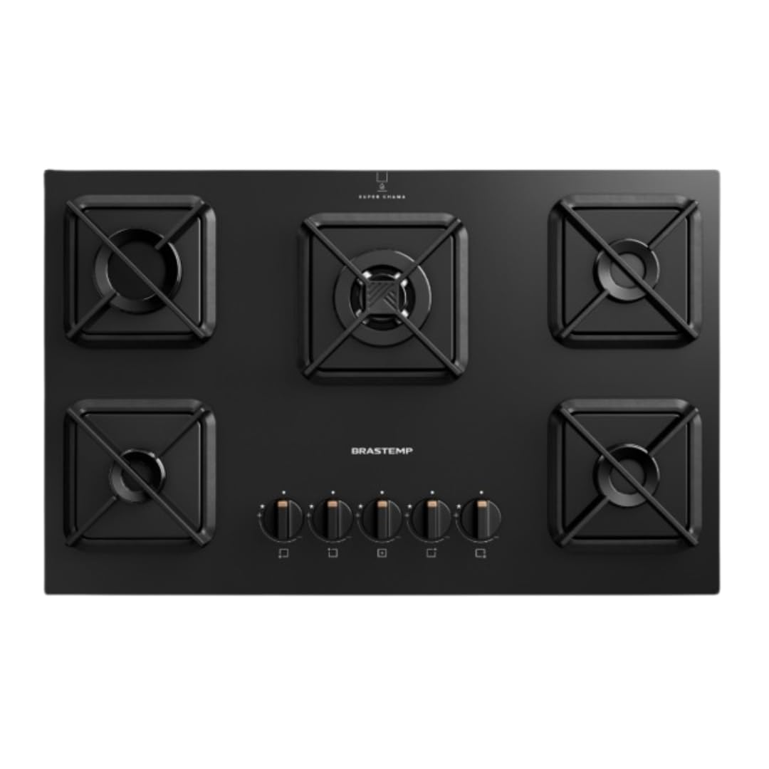 Cooktop 5 Bocas a Gás GLP Brastemp Mesa de Vidro Chama Simmer Preto Acendimento