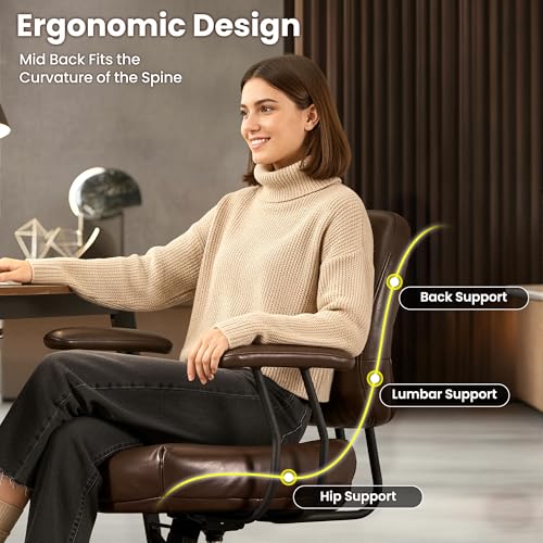 Image of ovios Ergonomic Office Chair, Mid Back Faux Leather Executive Chairs with Thick Cushion, Comfy Mid-Century Modern Swivel Rolling Computer Armchair (Dark Brown, PU Leather)